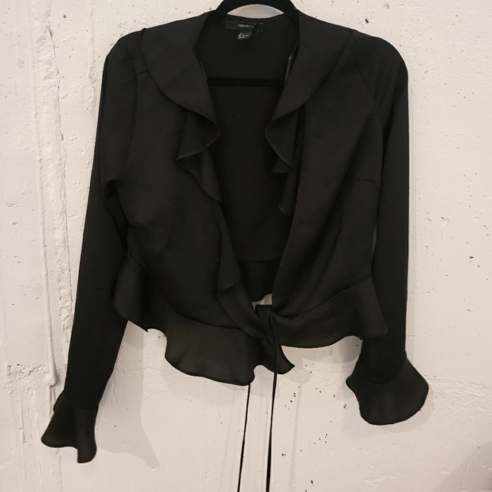 Black Long Sleeve Ruffle Mid Blouse